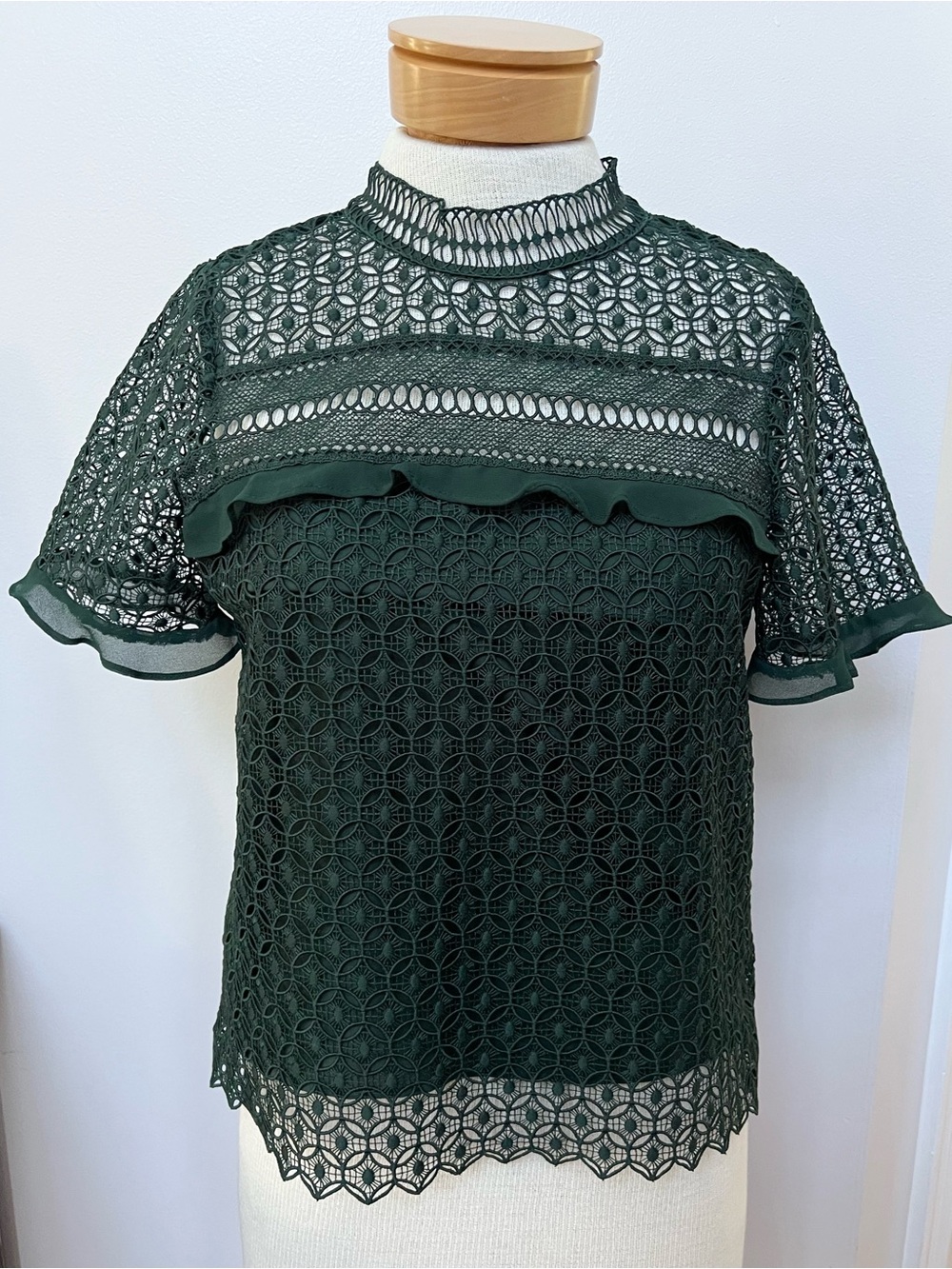 Zara Woman Emerald Green Lace Mock Neck Blouse Medium Sheer Crochet Top